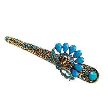 Antique Brass with Rhinestones Alligator Clip Peacock Blue